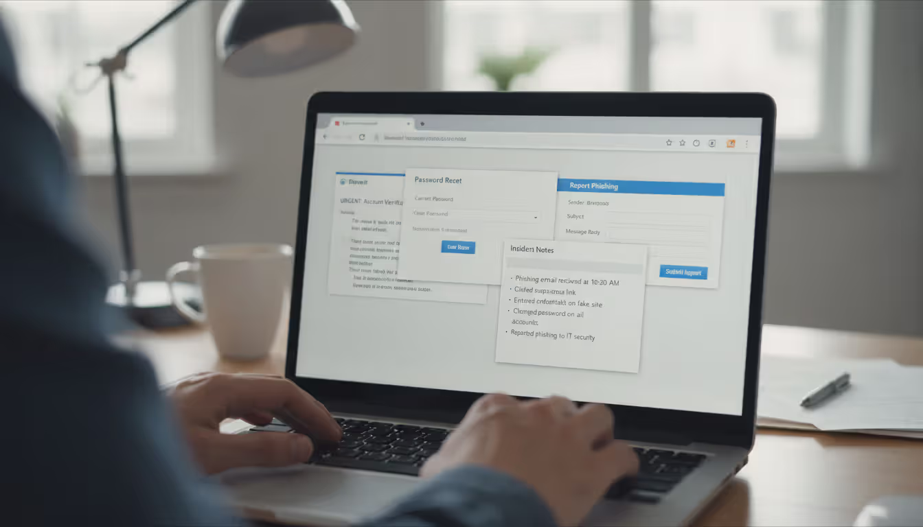 User responding to a spoofed email incident by reporting and securing accounts