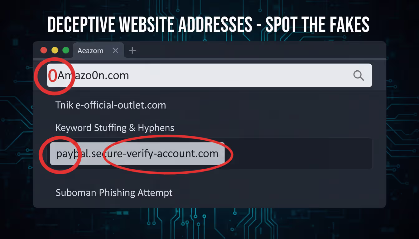 Examples of real and fake website URLs highlighting red flags