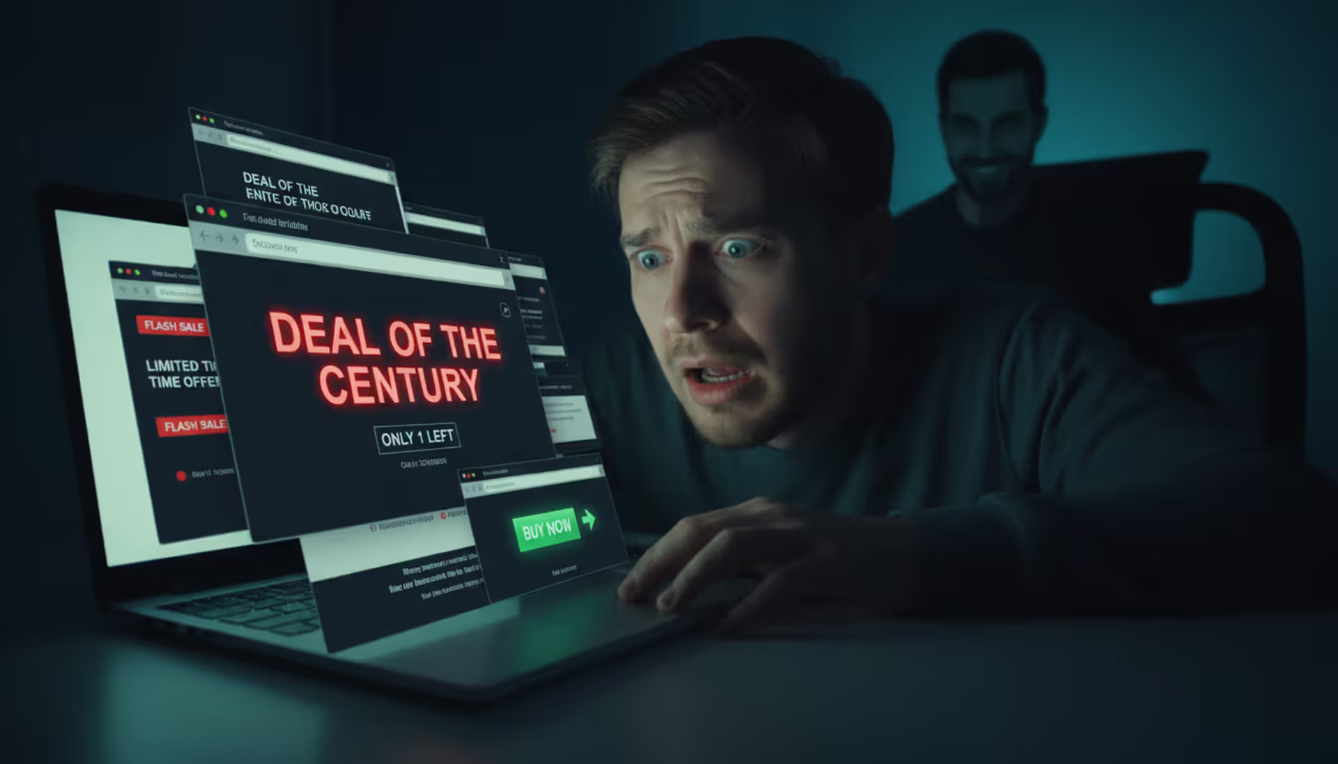 Worried person at laptop with warning popups, dark scammer silhouette in background