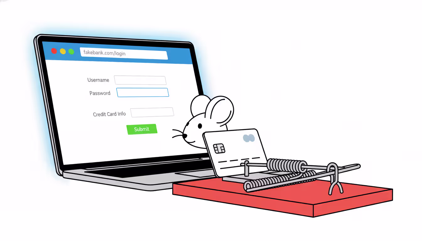 Schematic drawing of a mousetrap with a credit card as bait, on background of a laptop displaying a phishing website
