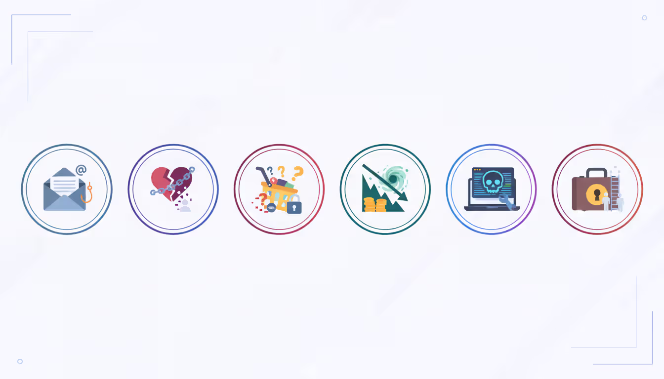 Icons showing types of scams: phishing (envelope), romance (broken heart), shopping (shopping basket), investment (chart), tech support (laptop), employment (briefcase)