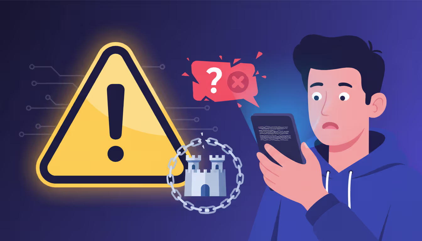 Warning sign with exclamation mark, person cautiously looking at suspicious smartphone message, lock symbol nearby