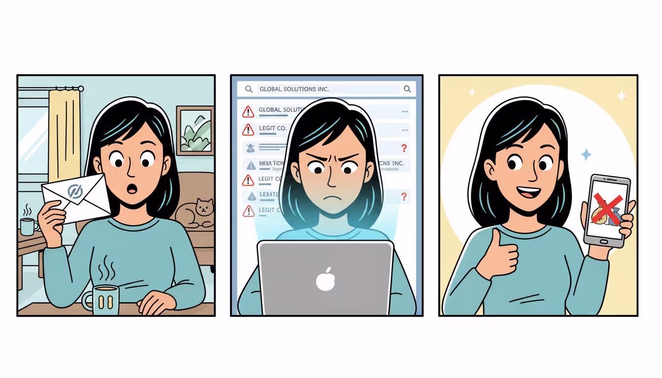 Three-frame comic: woman receives suspicious email, searches company info online, smiles after discovering the scam