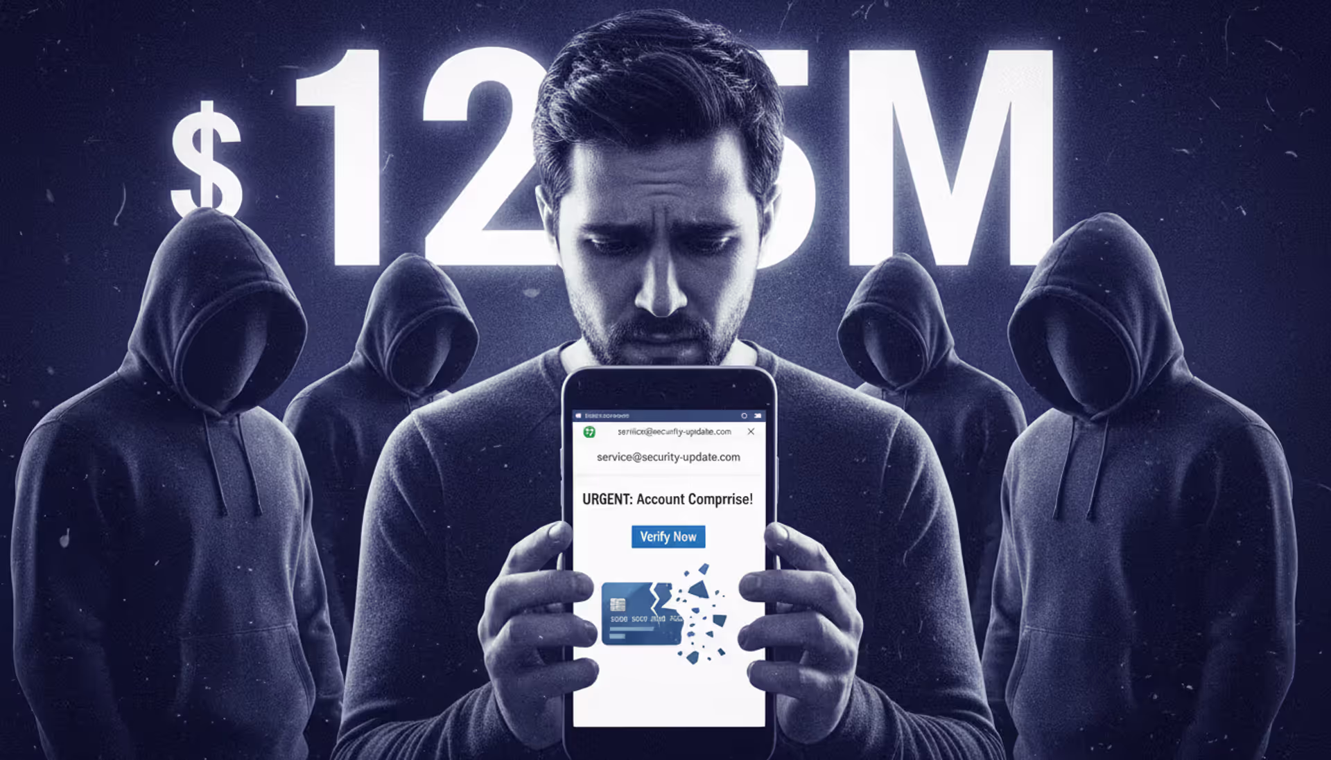 Collage: worried person holding a smartphone, surrounded by dark silhouettes of scammers, background features large number "12.5" with dollar sign, screen shows phishing email and broken card