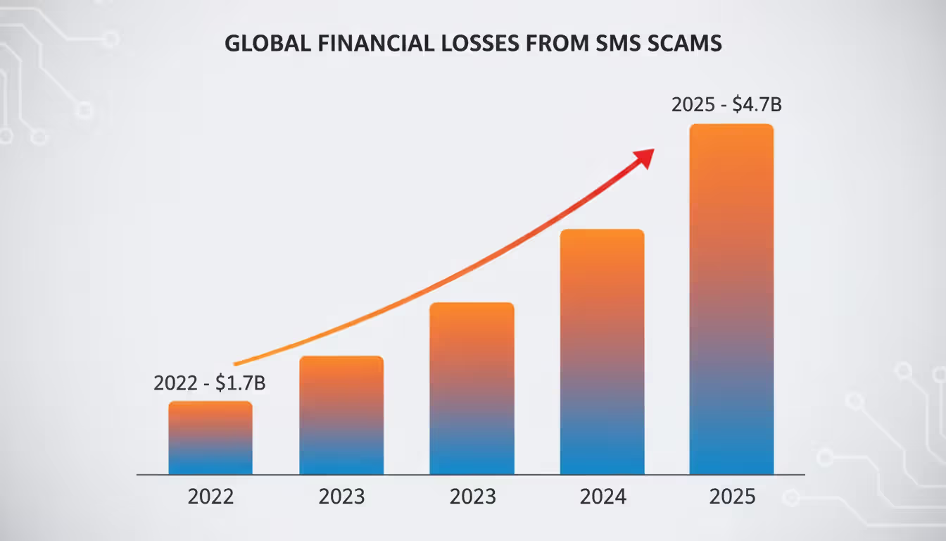 bar chart visualizing SMS fraud losses 2022-2025 in USD