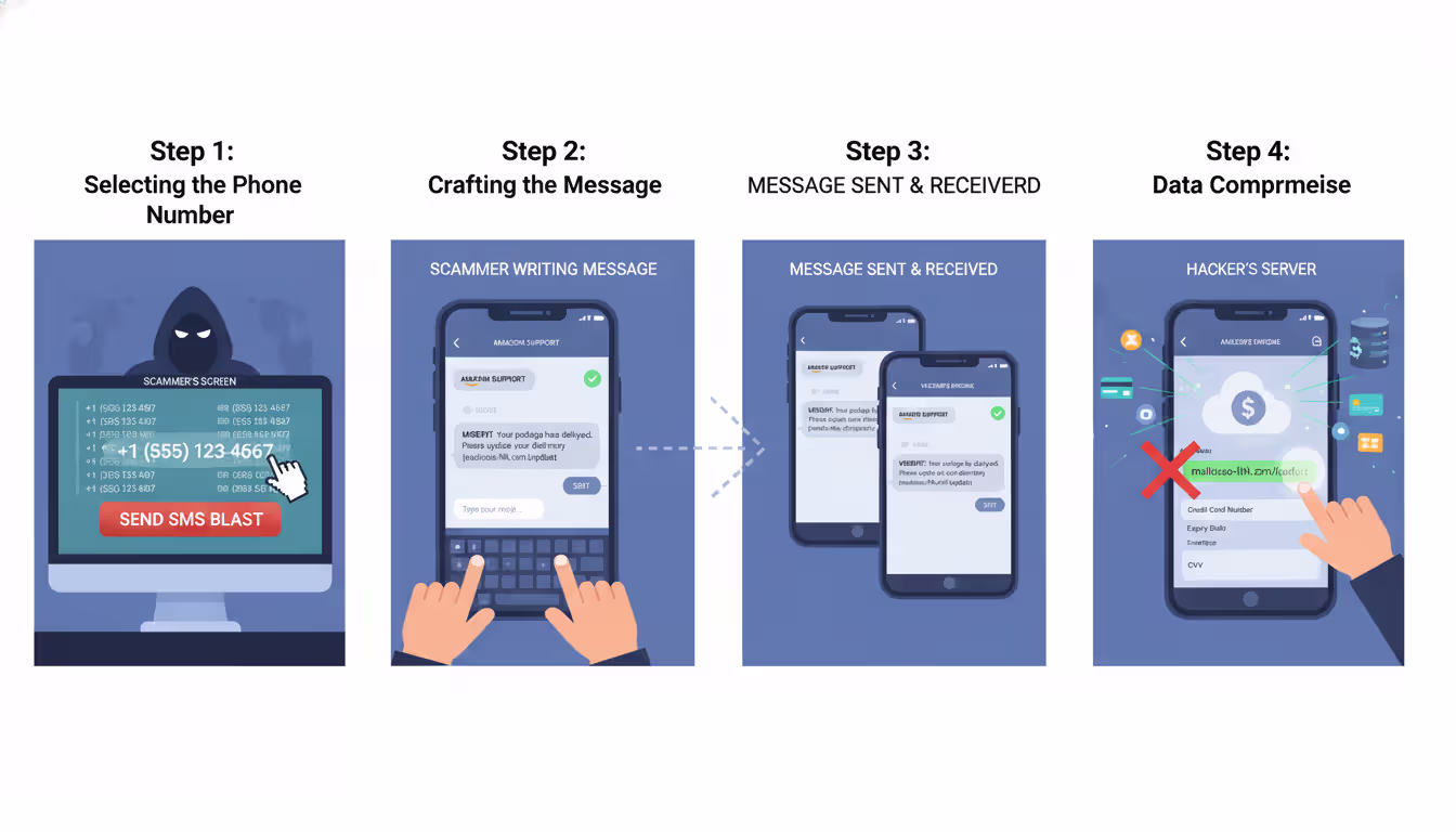 infographic showing smishing attack steps: number, message, delivery, victim clicks link