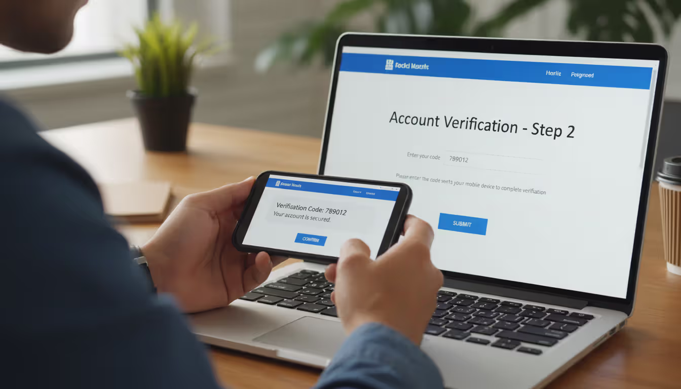 person comparing suspicious SMS on phone with info on laptop official website