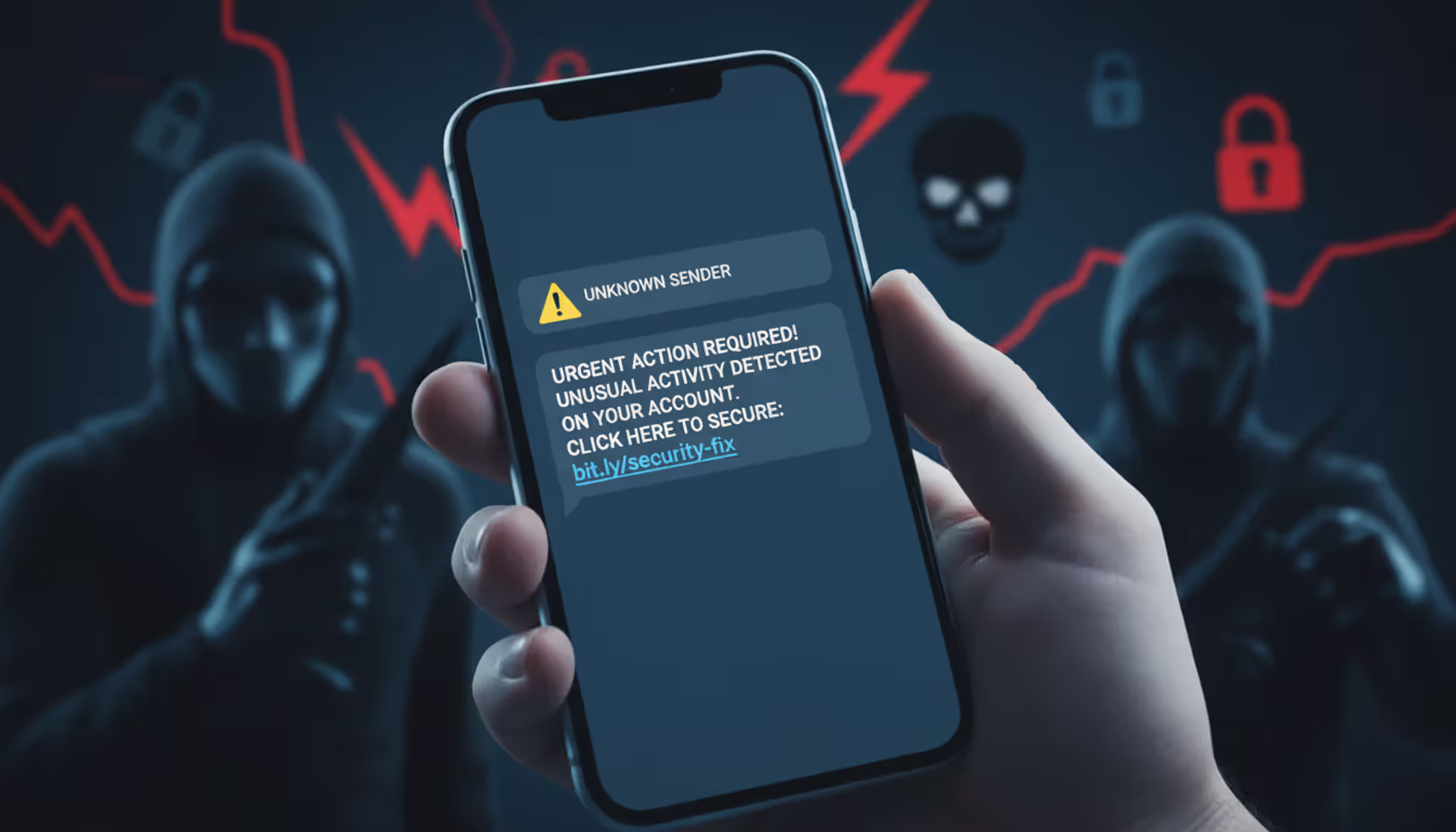 mobile phone with suspicious SMS and warning icon, blurred scammer silhouettes in background