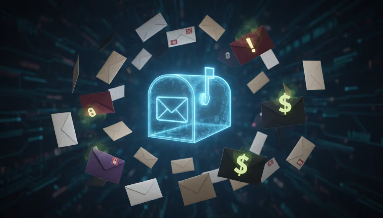 mailbox surrounded by emails, some with exclamation marks and dollar signs, some normal, no Russian text