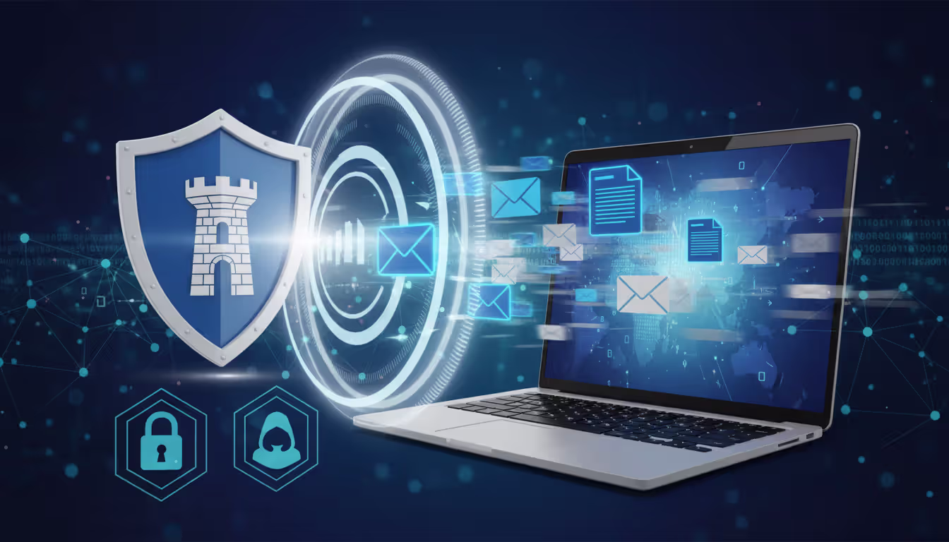 shield and laptop surrounded by flying emails, emphasizing email security and privacy, no Russian text