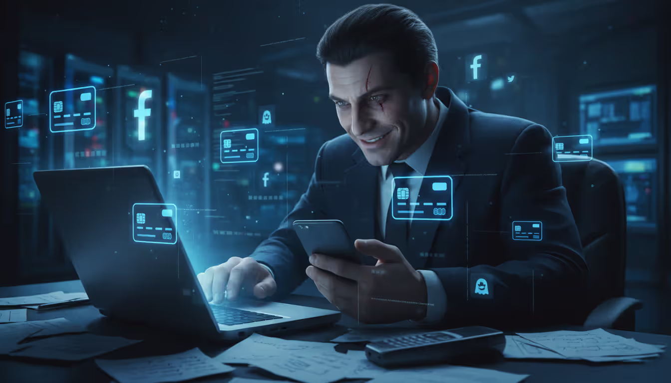 Hacker with phone and laptop surrounded by bank cards and social media logos
