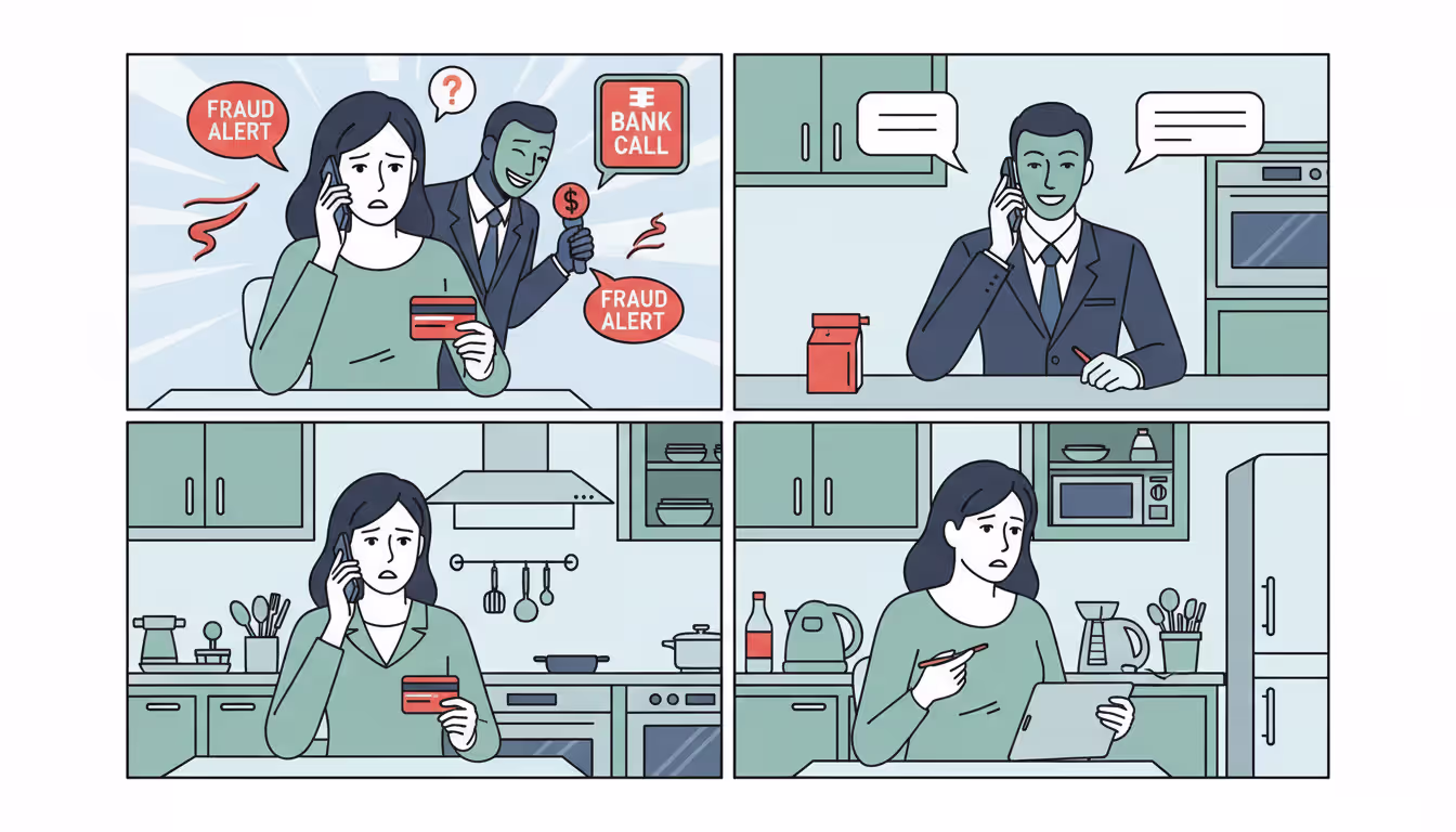 Collage showing bank call, tech support scam, IRS impersonation, and COVID scam scenarios