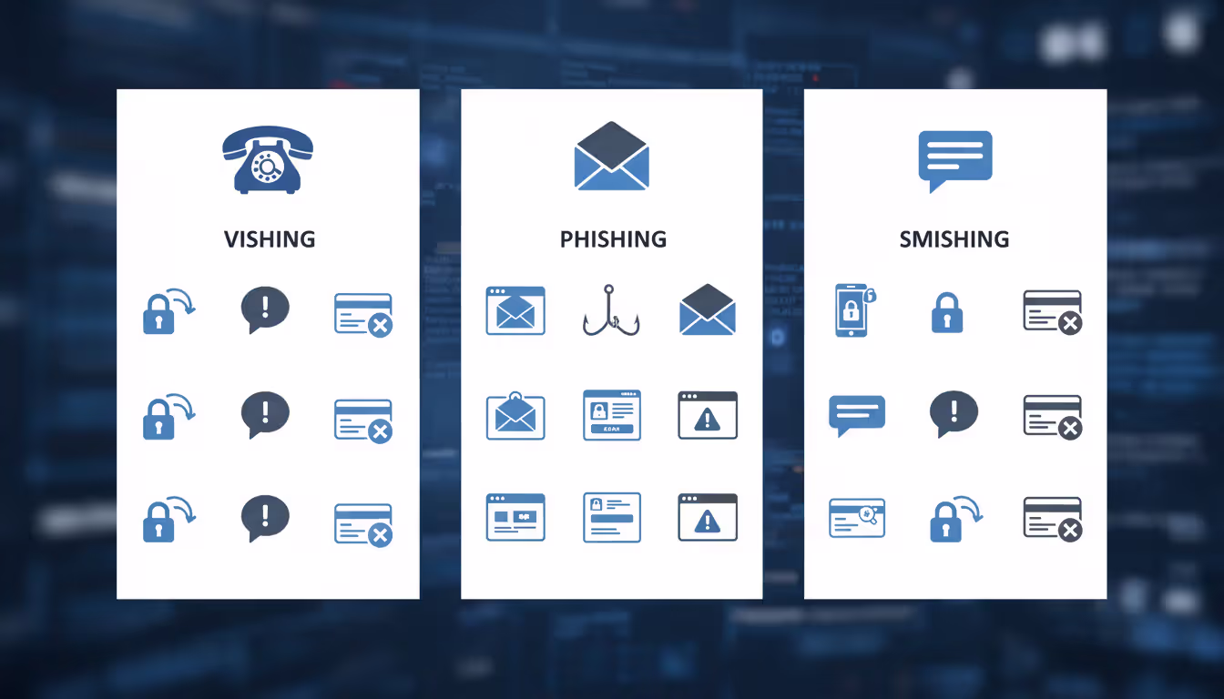 Table with icons for vishing, phishing, and smishing with cybercrime elements