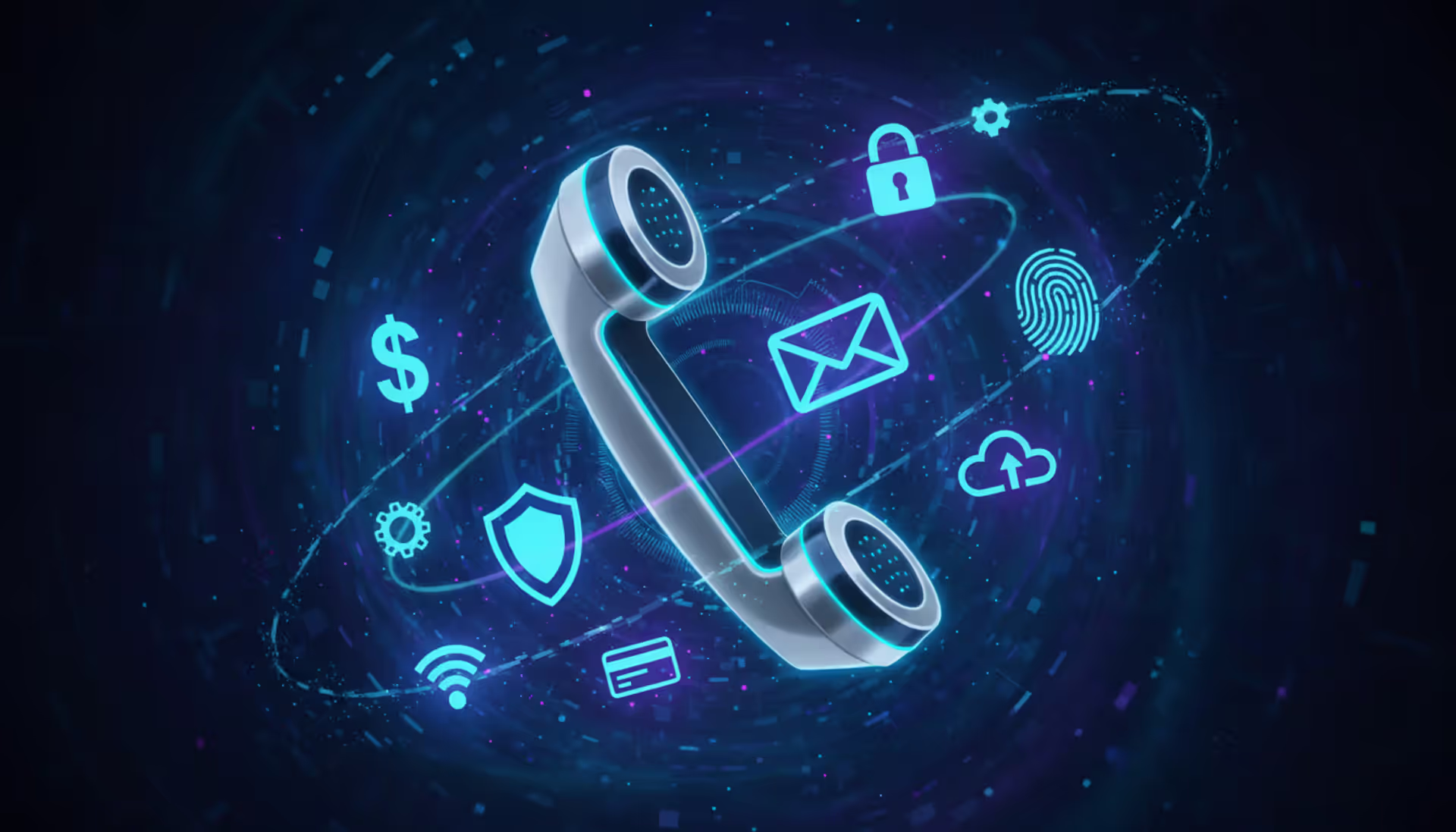 Phone receiver surrounded by digital cybercrime symbols on a dark background