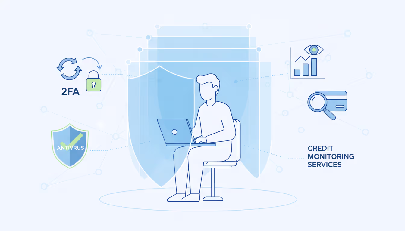 User with laptop, surrounded by shields, 2FA icon, antivirus and credit monitoring symbols, representing comprehensive email protection