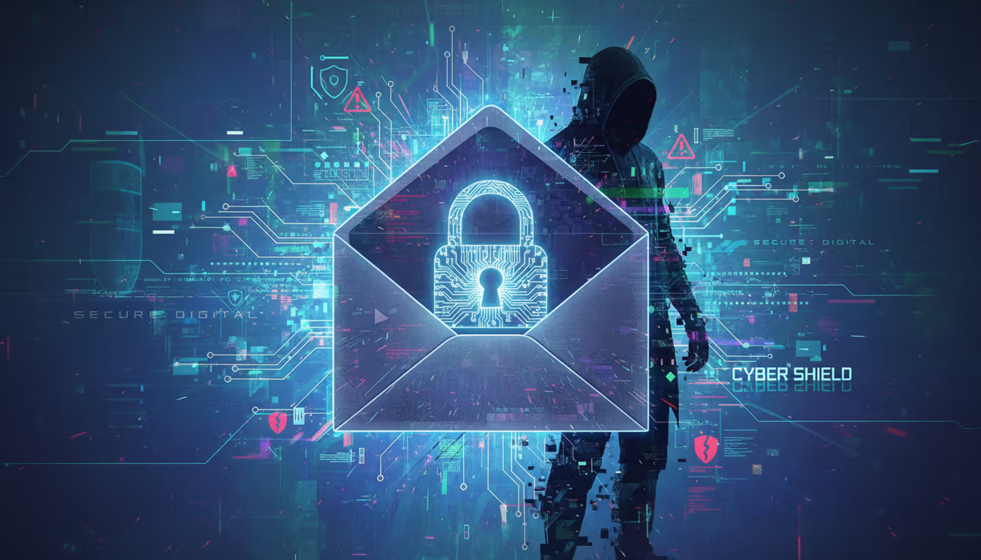 Abstract cover showing envelope, digital network, and hacker silhouette, symbolizing email security threats