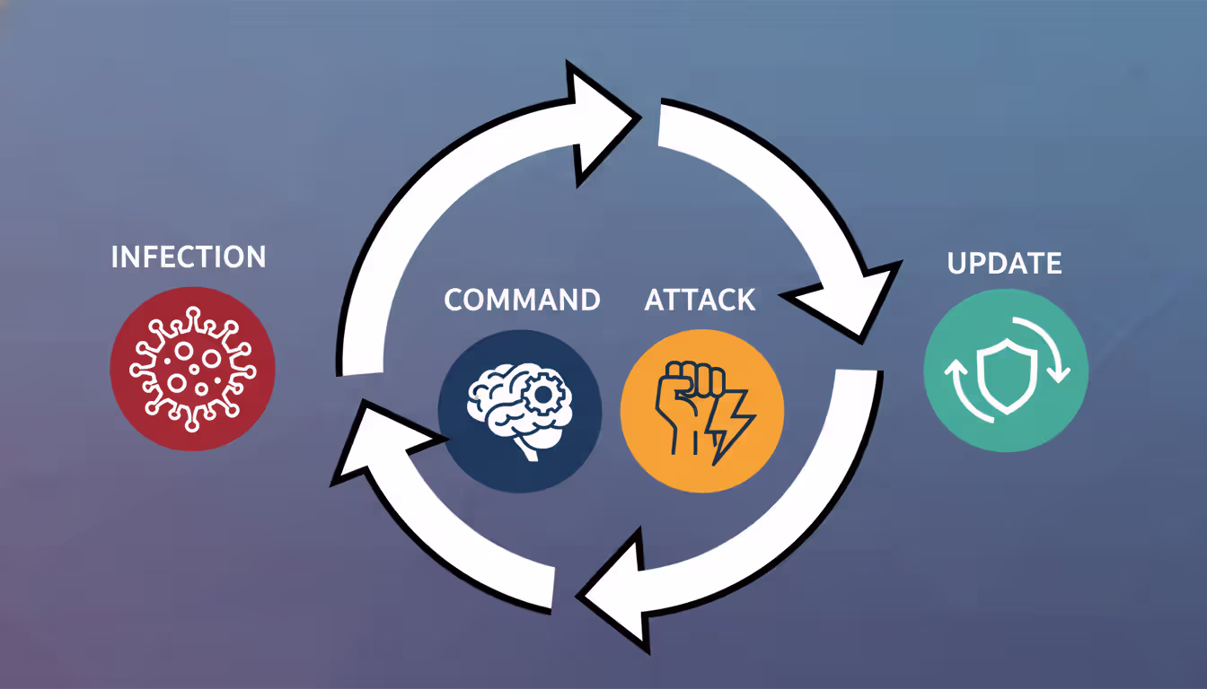 Infographic showing four phases (infection, command, attack, update) with icons, no text.