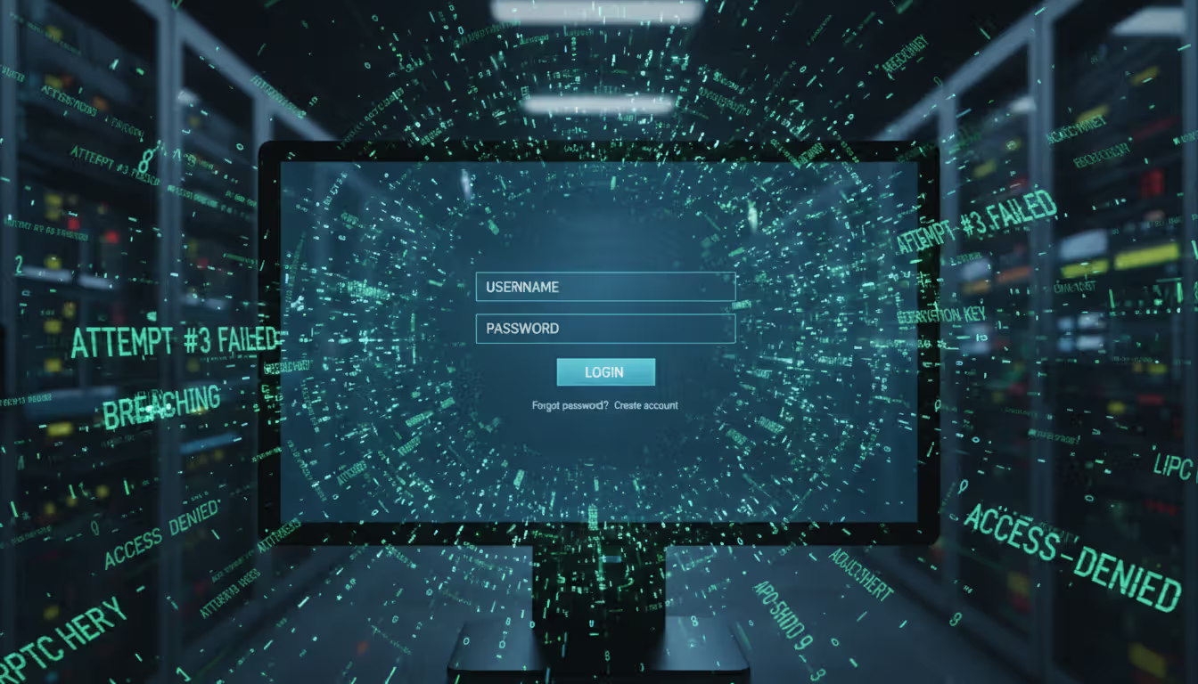 Computer monitor with login forms and digital symbols indicating hacking attempts
