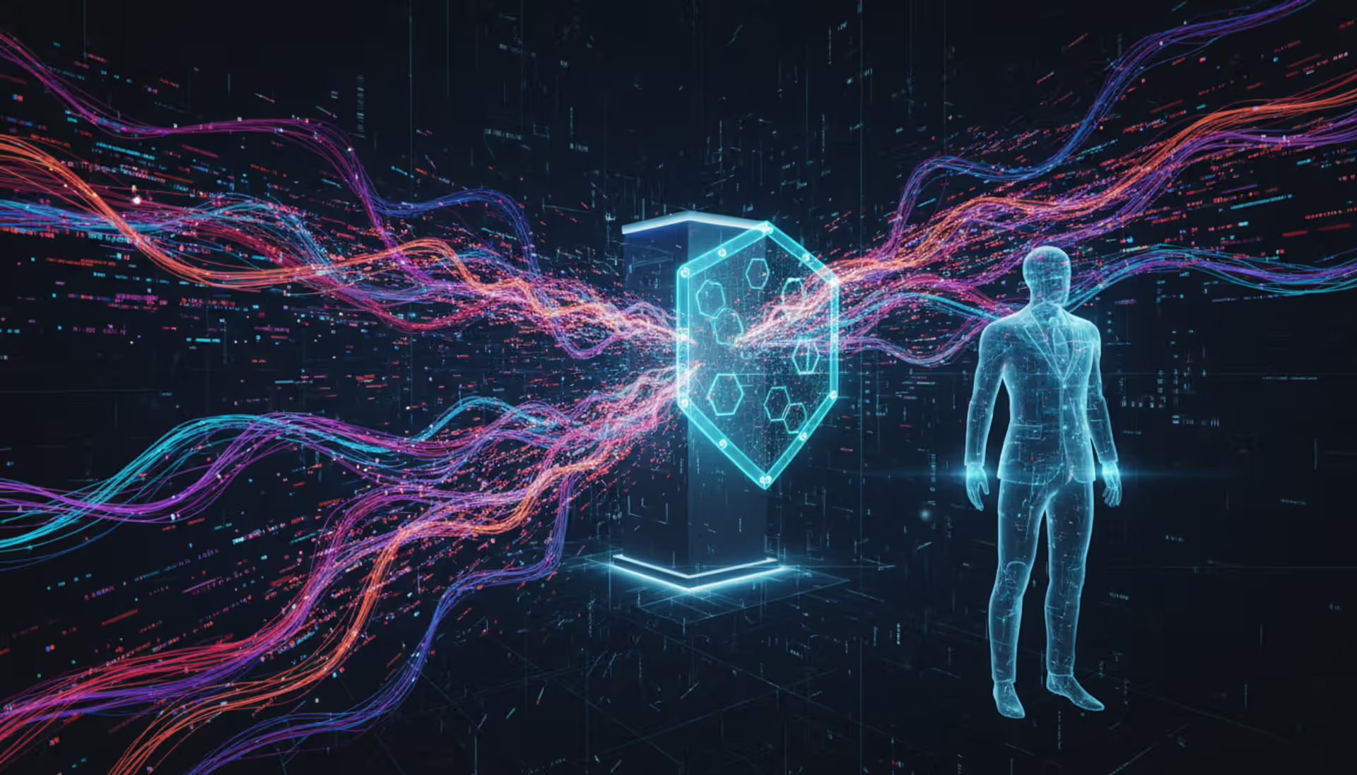 Abstract scene with data streams targeting a secure server and businessperson