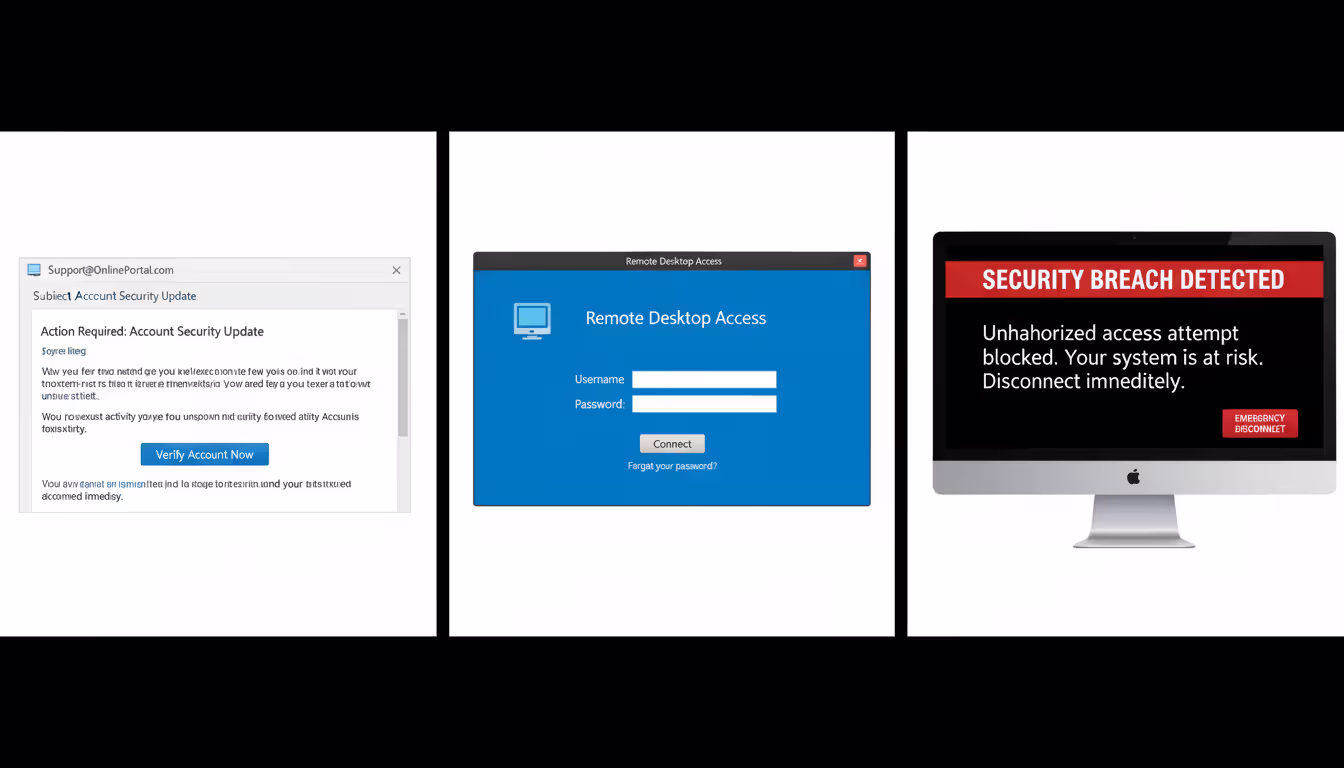 Collage of phishing email, RDP login attempt, ransomware warning