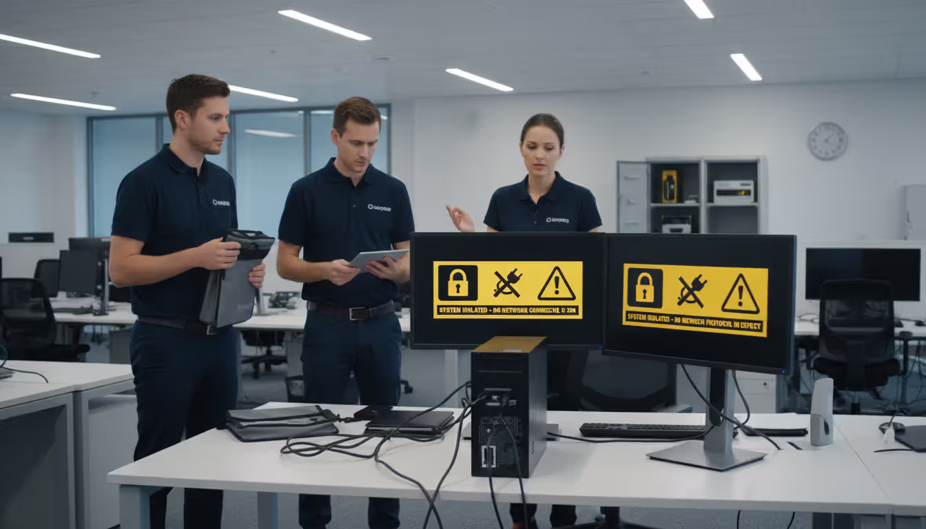 IT team isolating infected computer, unplugged cables, warning screens