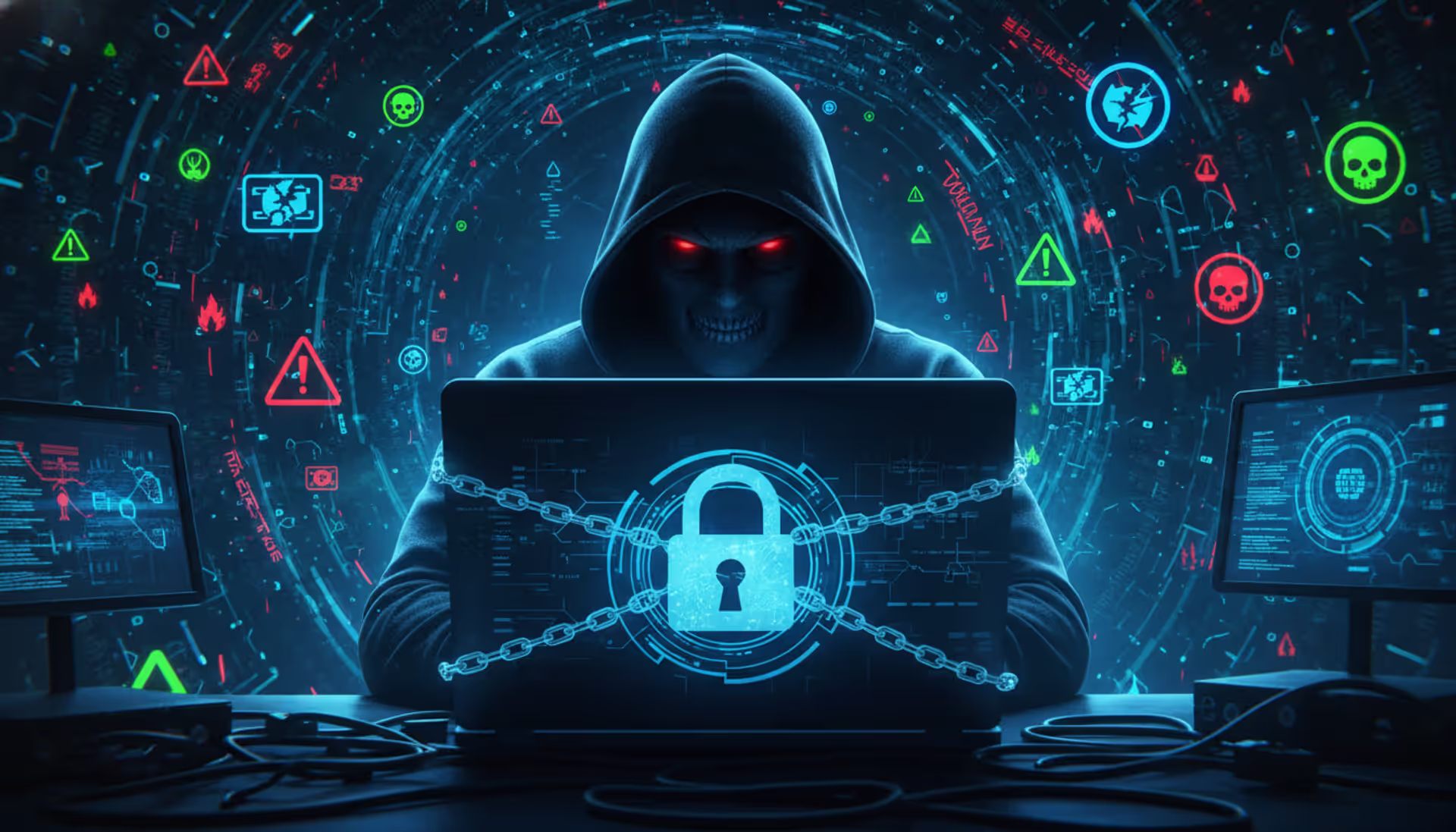 Hacker at laptop with padlock icon and digital threat background