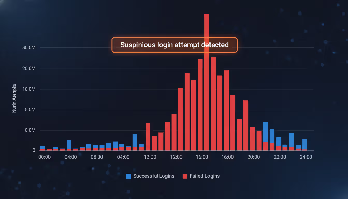Spike in failed login graph and notification "Suspicious login attempt detected"