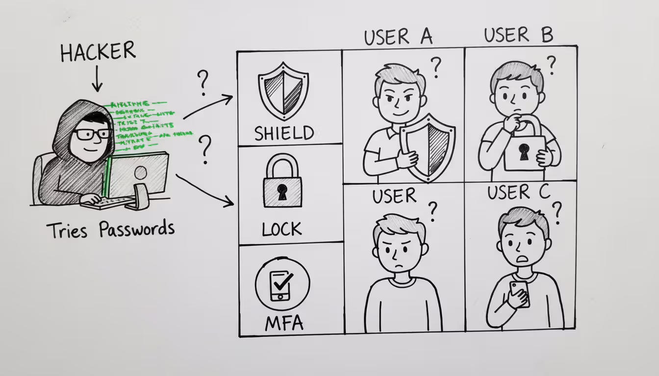 Cartoon table: hacker trying passwords vs users with shield, MFA, lock