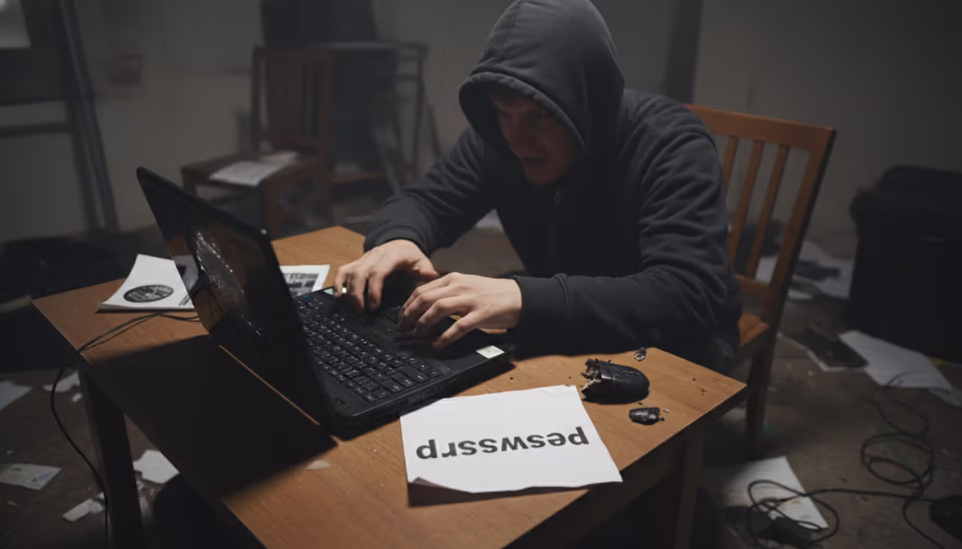 Hacker trying to guess a password on a laptop, sticky note with the word "password" on desk
