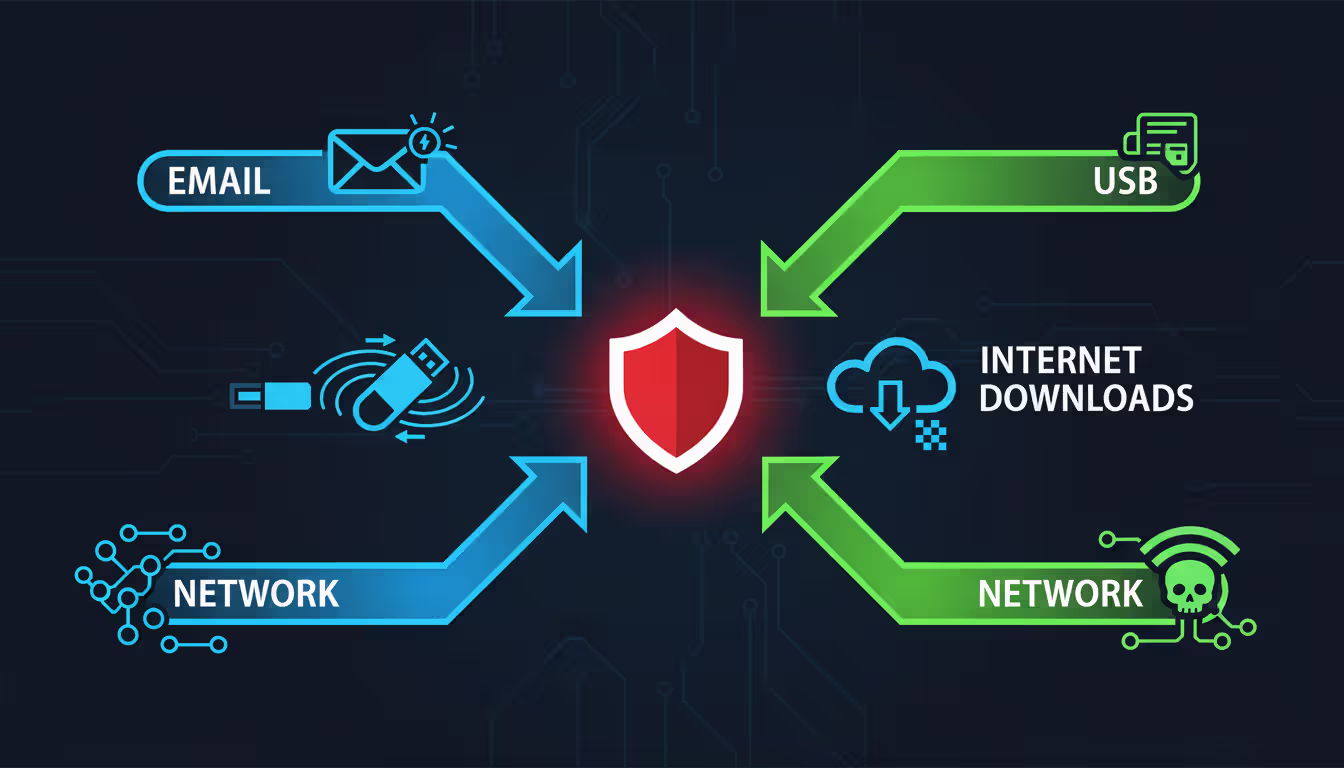 Diagram showing malware infection pathways: email, USB, downloads, network