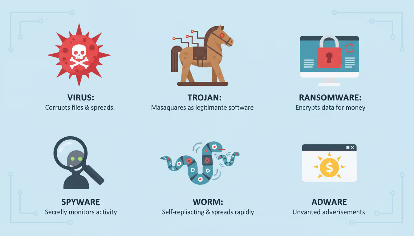Icons of main malware types: virus, trojan, ransomware, spyware, worm, adware