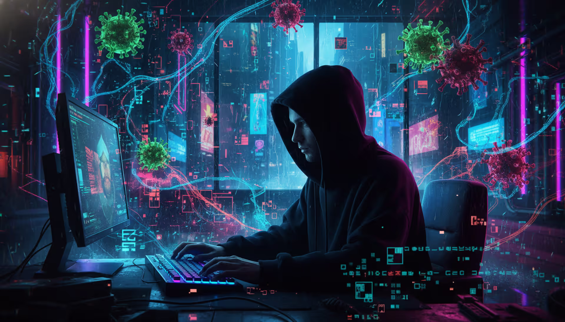 Cybercriminal at computer with digital threats backdrop