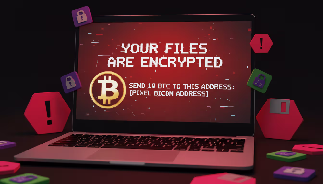 Laptop with ransomware note "Your files are encrypted", warning signs and encrypted files