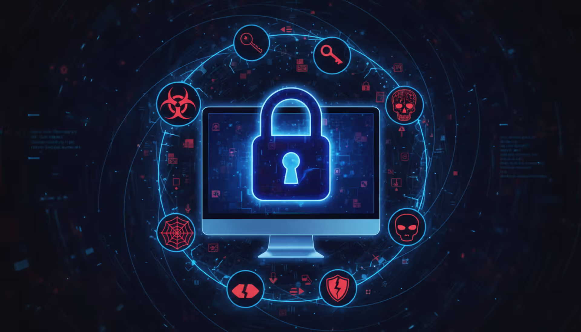 Computer surrounded by cyber threat icons, main lock on screen
