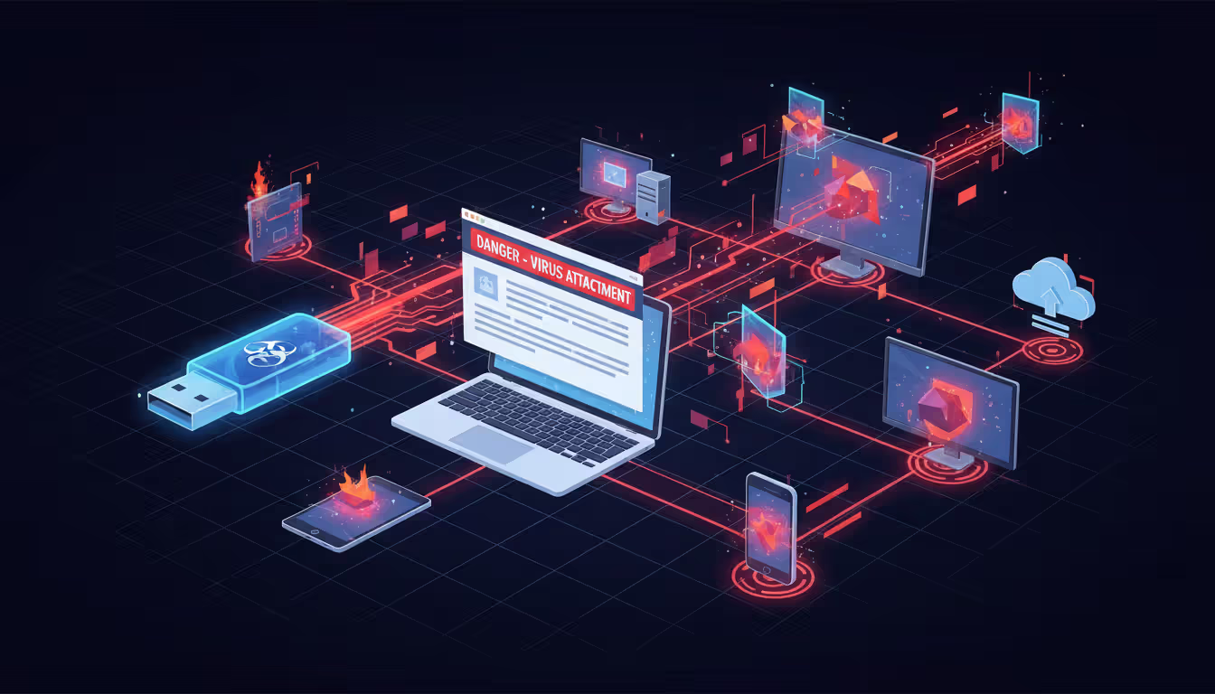 Flowchart showing virus spreading via USB, email attachment, and across devices; no Russian text