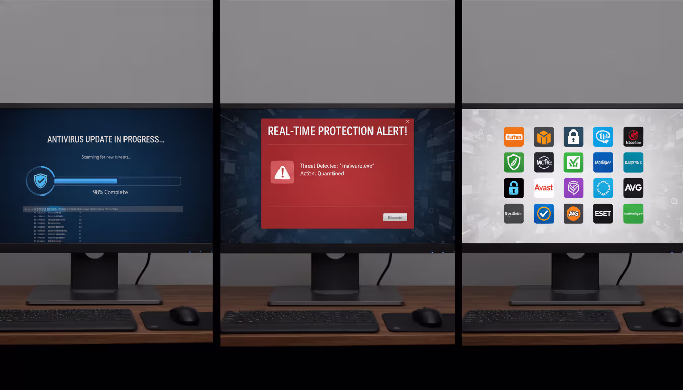 Collage: computers running antivirus update, real-time protection alert, icons of popular antivirus software