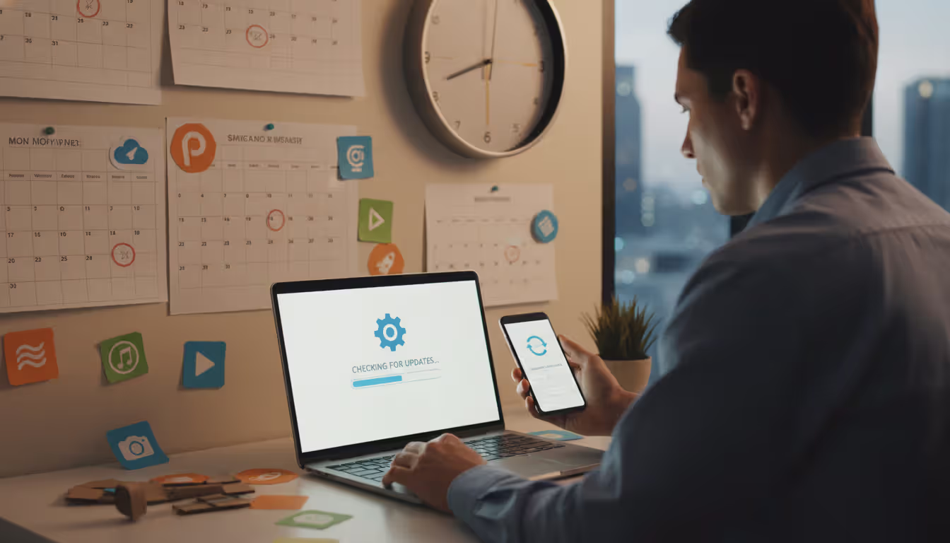 Person checking software update settings on devices; icons representing software and update schedule