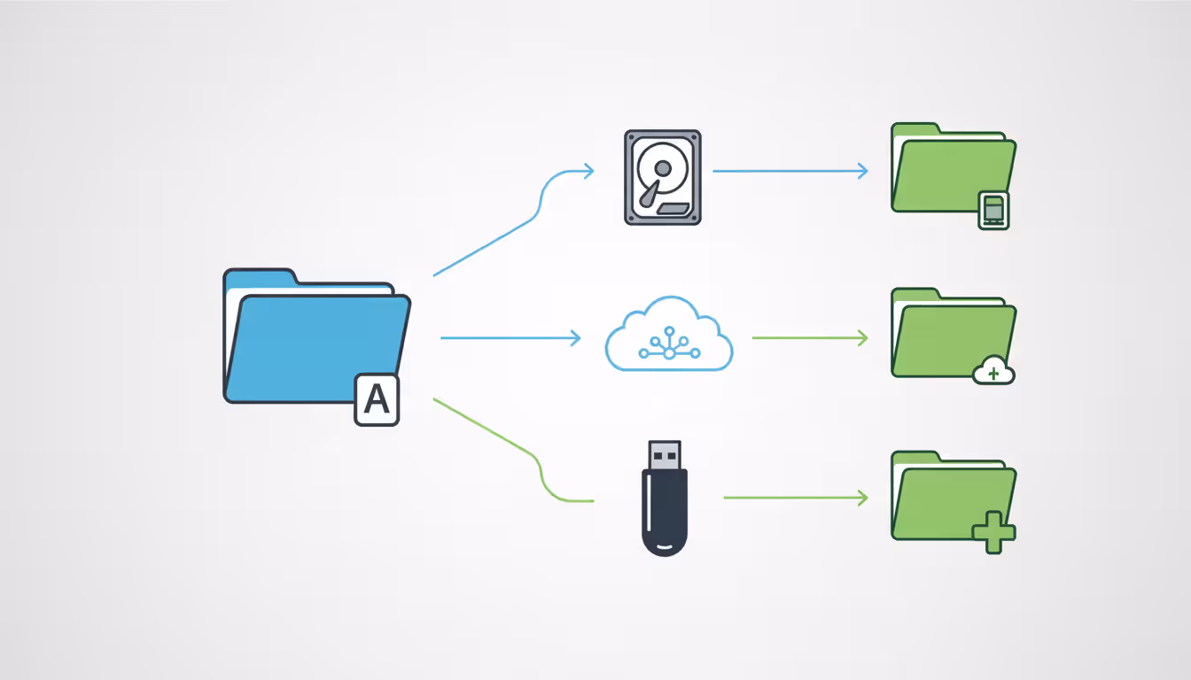 Three backup copies: hard drive, cloud, and USB, each with its own icon; clear data backup workflow