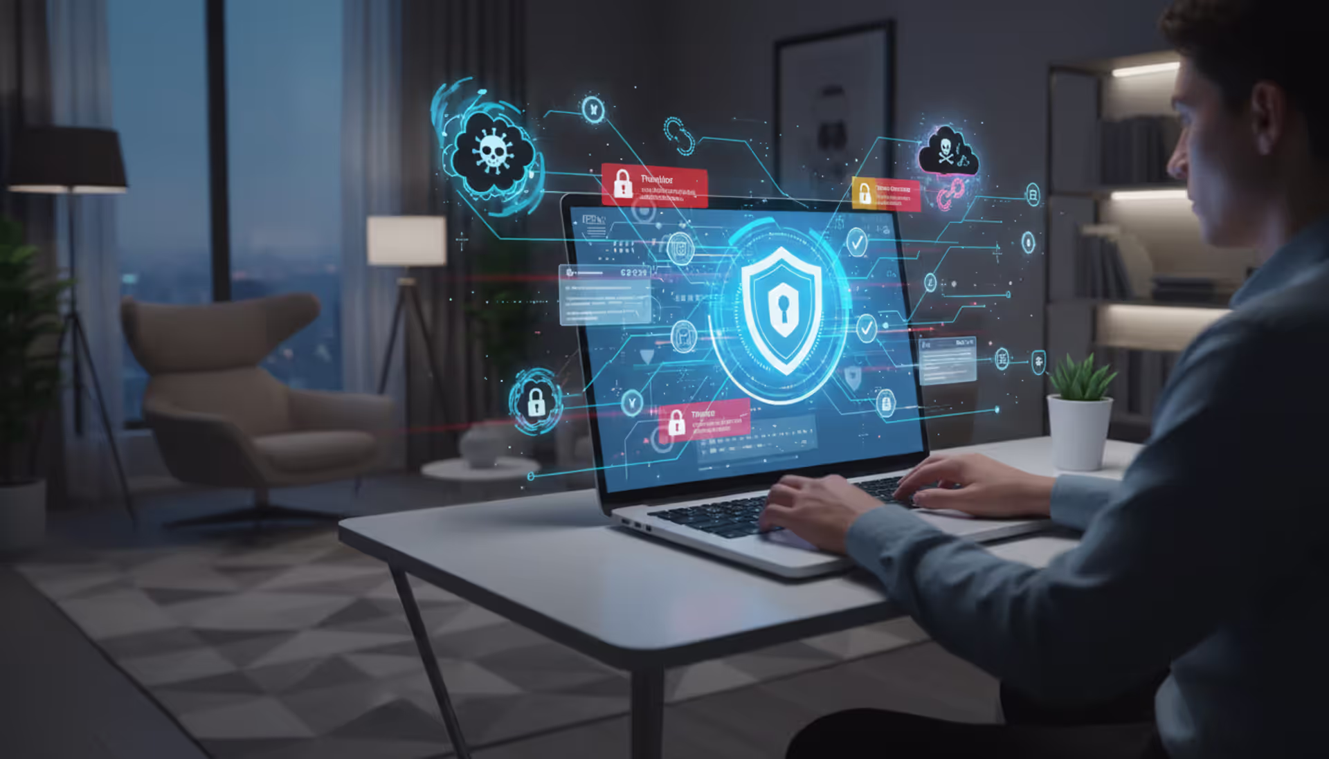 Modern workspace, person using laptop with antivirus icons and protection symbols, digital threats illustrated around