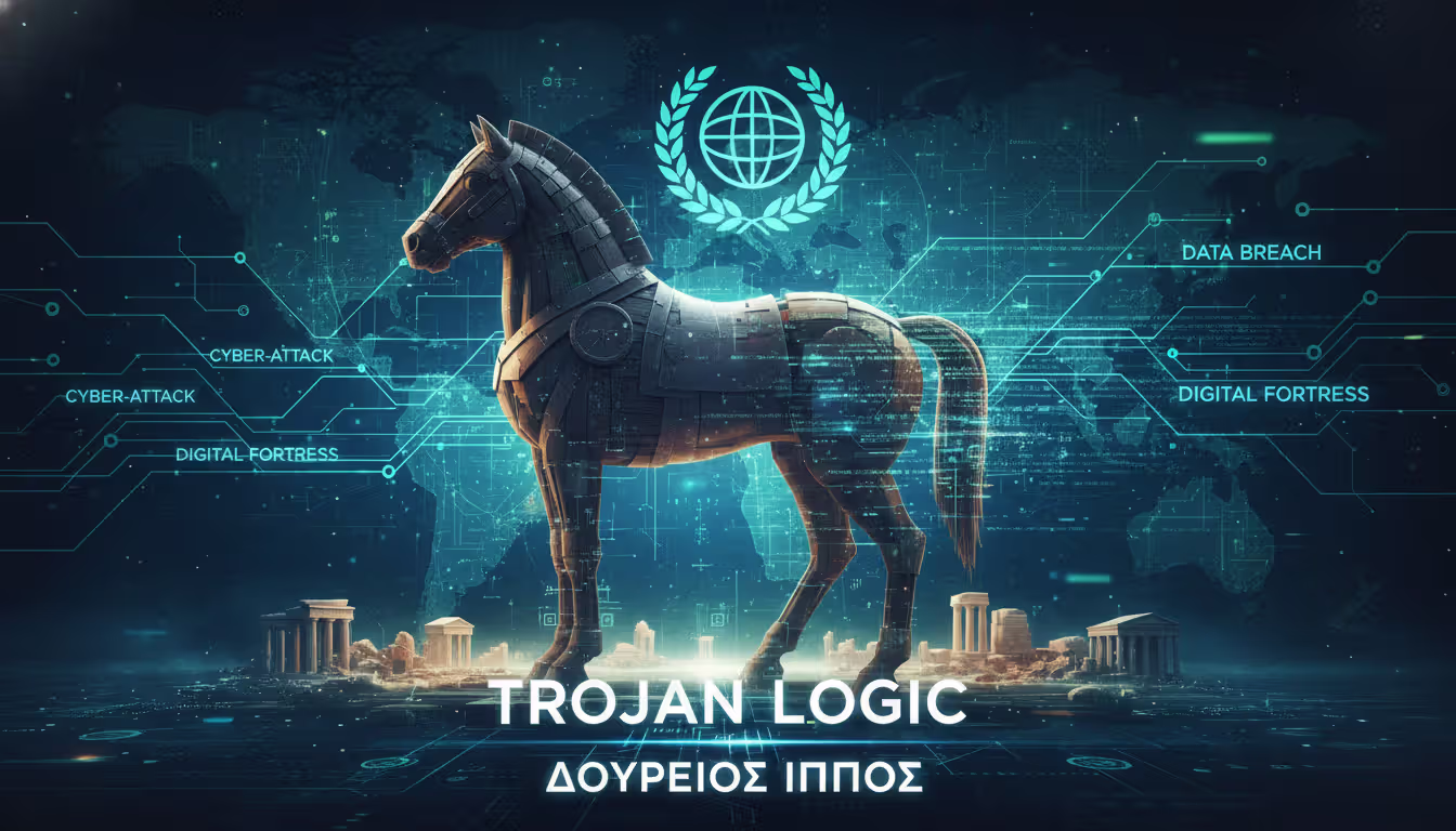 Trojan horse silhouette overlaid on a digital network background, merging ancient and modern elements