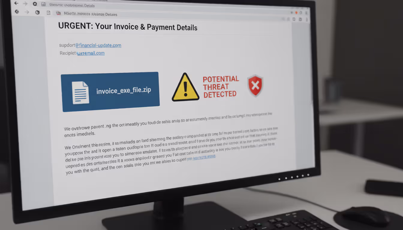 Suspicious email with a dangerous attachment and warning icon, no Russian text
