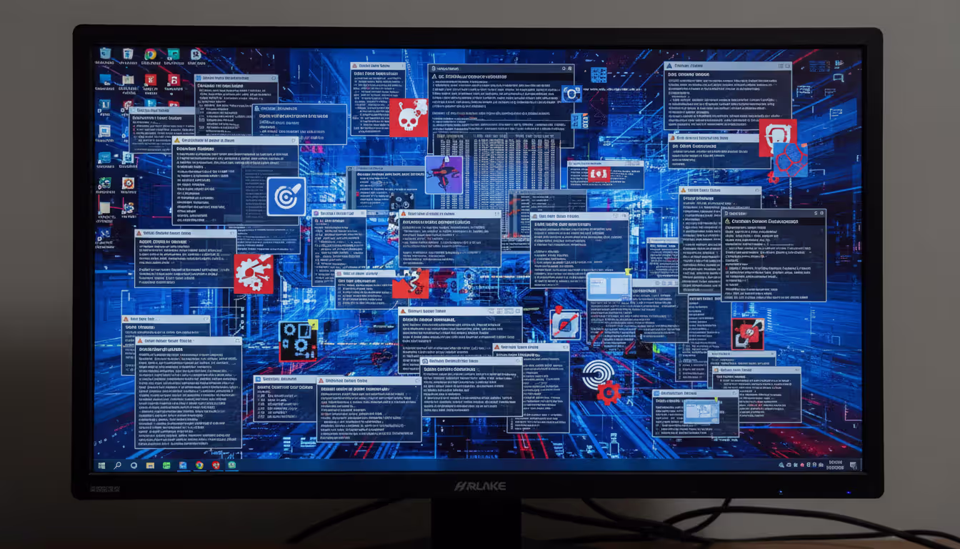 Monitor showing multiple warning popups, system errors, and strange icons, no Russian text