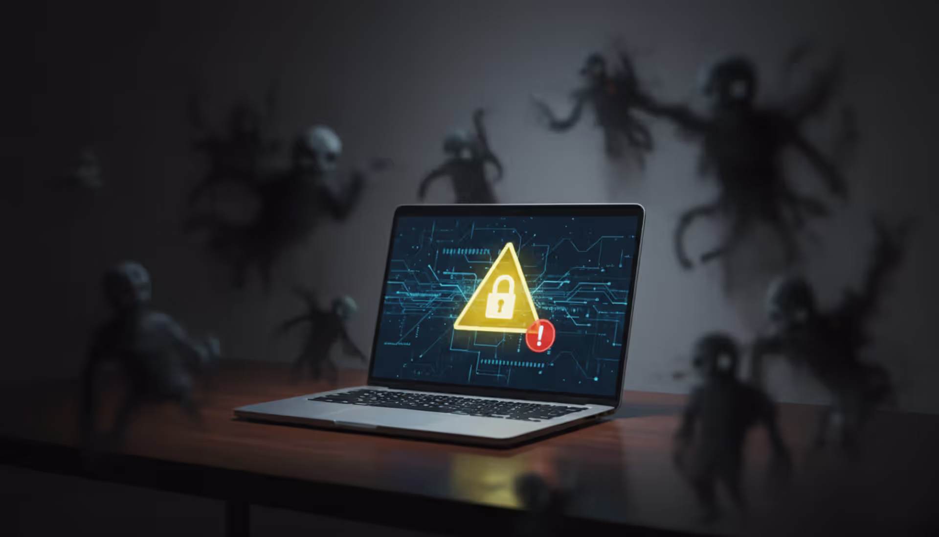 Computer surrounded by digital shadows, symbolizing cyber threats, with a warning icon on the screen