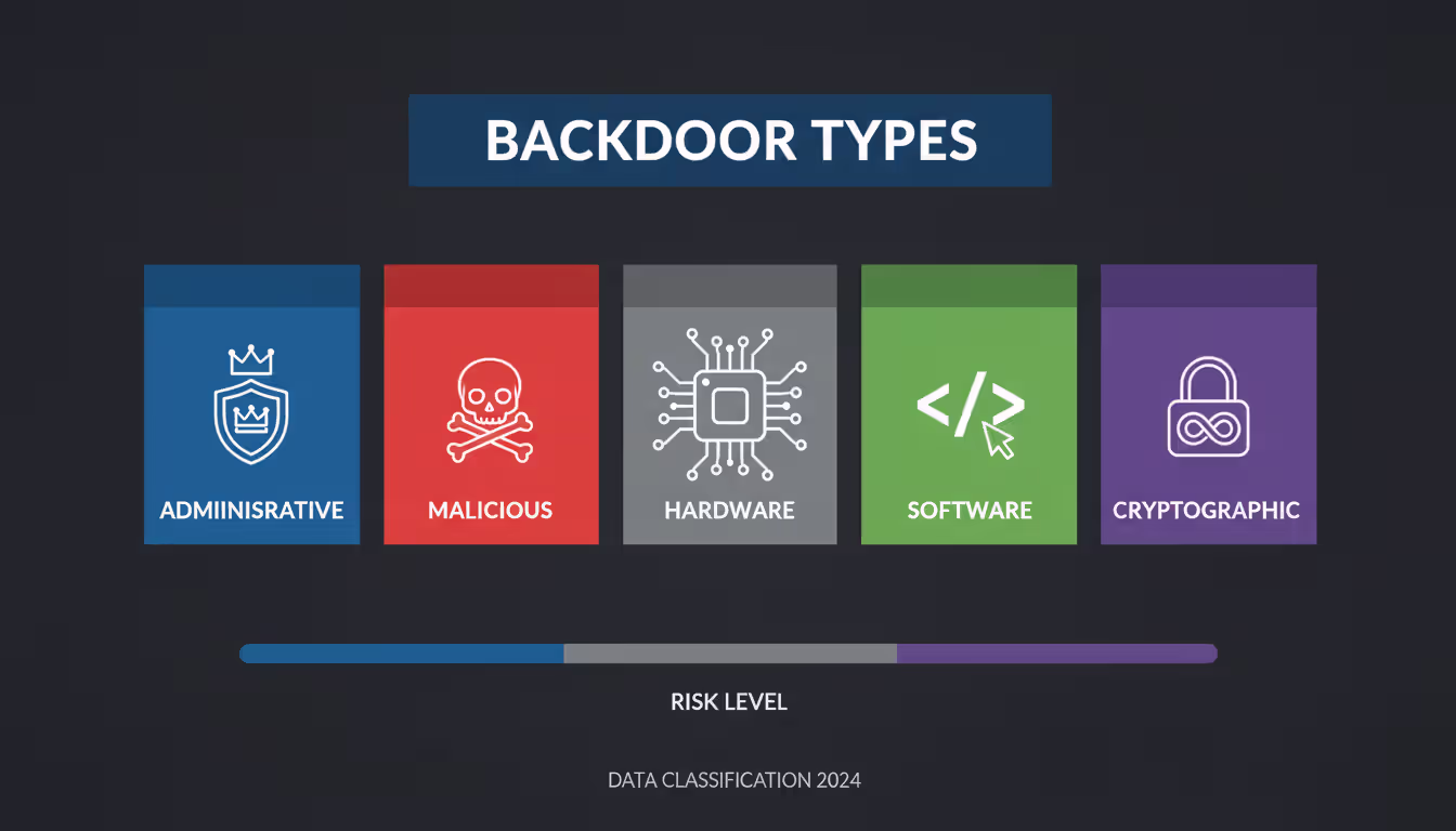 Infographic table showing types of backdoors with icons and color codes