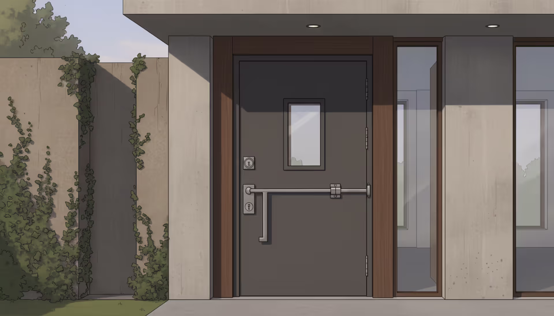Modern house front door with a hidden secret entrance in the back wall