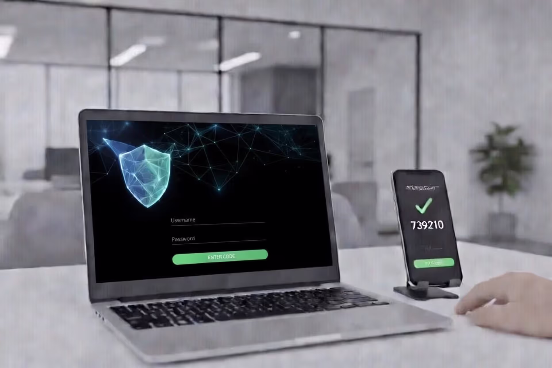 Laptop login screen with two-factor authentication and smartphone approval prompt