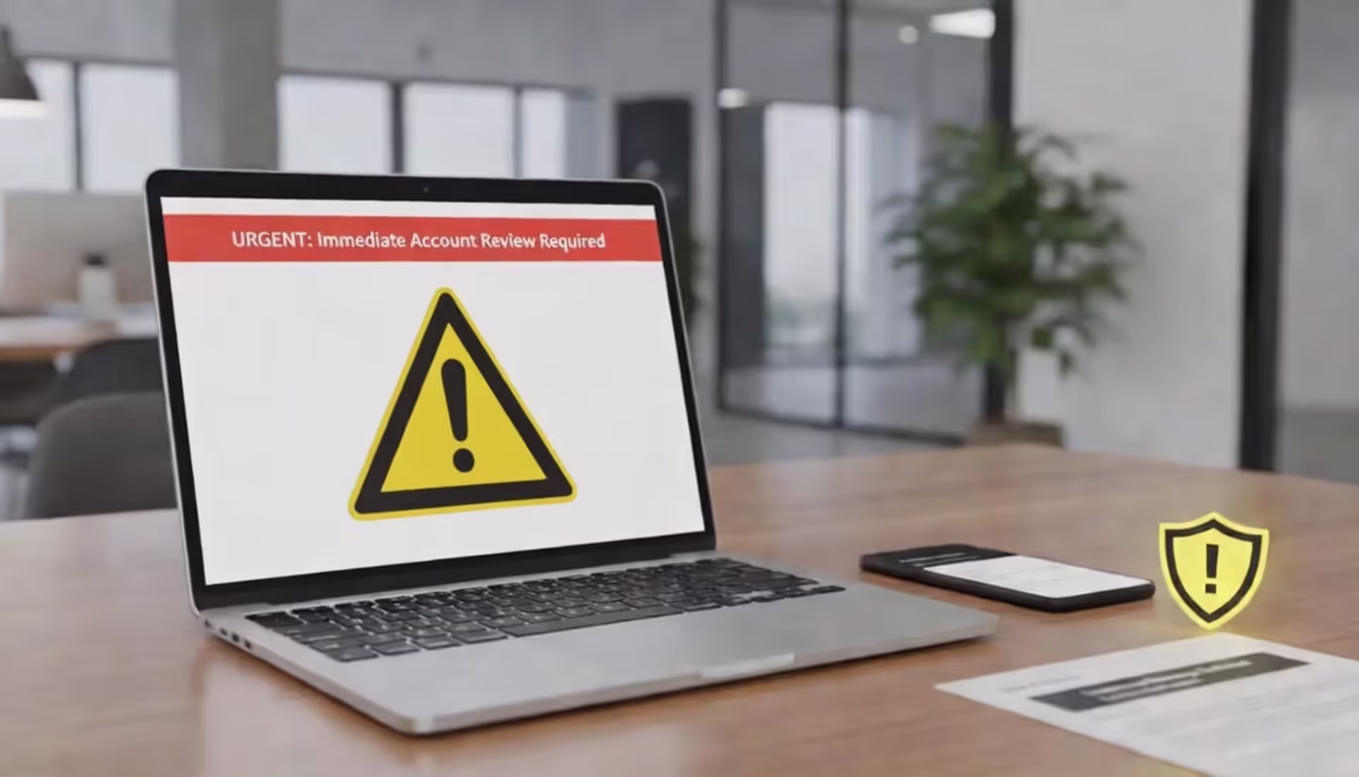 Phishing warning on laptop and smartphone at a modern office desk